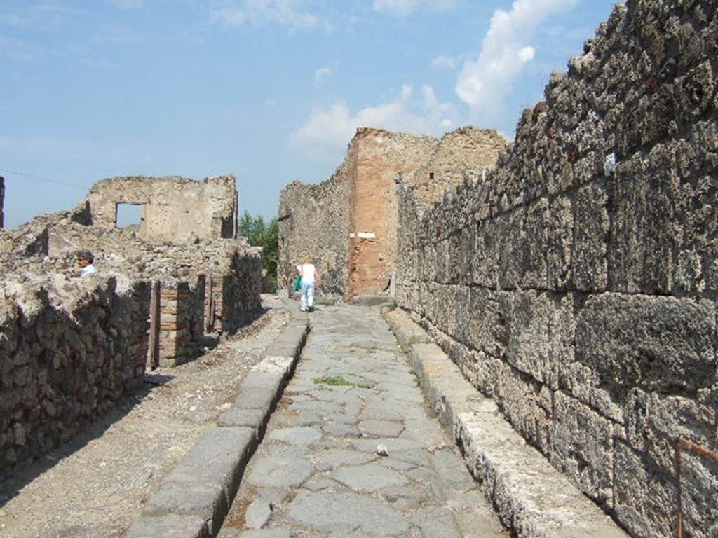 VII.16.8 Pompeii, on left. September 2005. Looking north along Vicolo del Gigante. VII.7 on right.