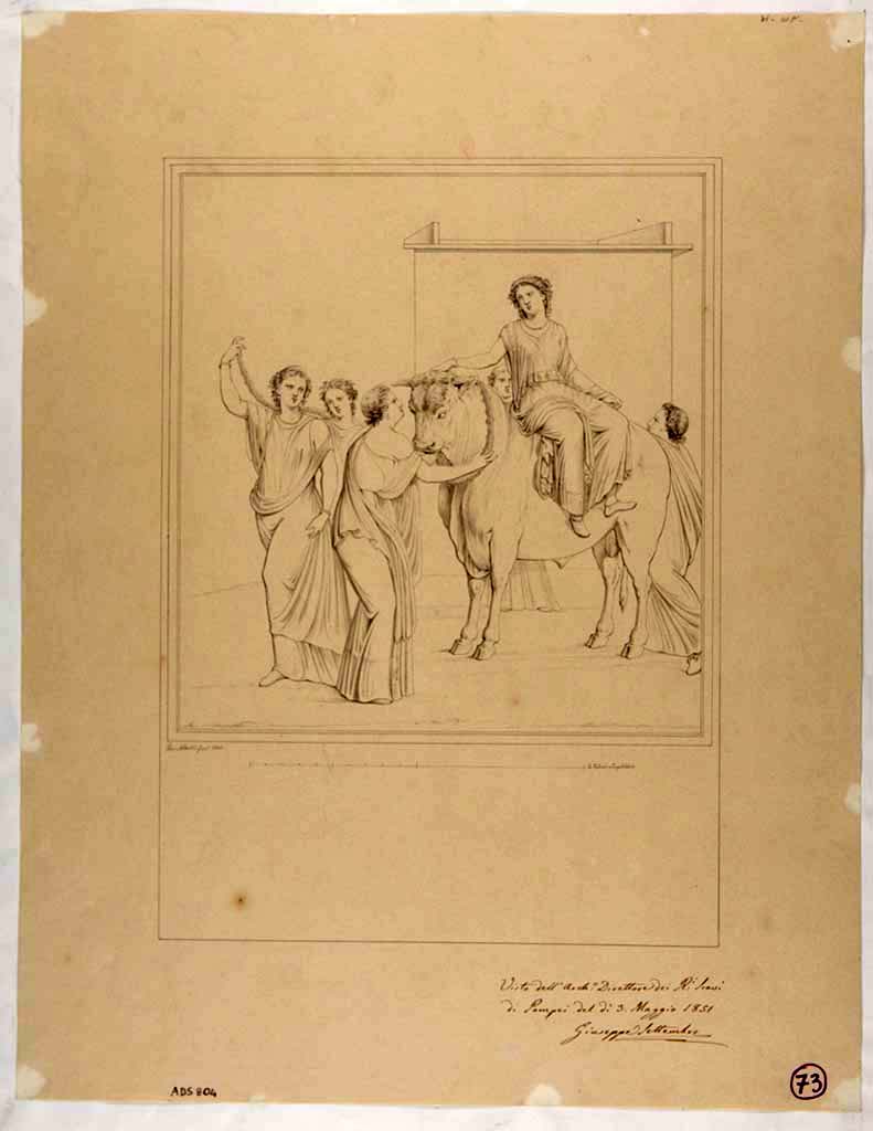 VII.16.10 Pompeii. Drawing by Giuseppe Abbate, 1851, of painting of Europa on the Bull seen on wall in tablinum, but badly preserved.
Now in Naples Archaeological Museum. Inventory number ADS 804.
Photo © ICCD. http://www.catalogo.beniculturali.it
Utilizzabili alle condizioni della licenza Attribuzione - Non commerciale - Condividi allo stesso modo 2.5 Italia (CC BY-NC-SA 2.5 IT)
