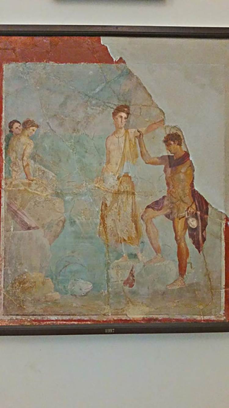VII.16.10 Pompeii. Found on 20th Feb 1851, in oecus on west side of atrium, adjoining the tablinum. 
Wall painting of Perseus freeing Andromeda.
Cut from the wall and taken to Naples Archaeological Museum. Inventory number 8997.
Photo courtesy of Giuseppe Ciaramella, November 2018.
