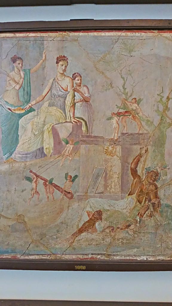 VII.16.10 Pompeii. Found on 20th Feb 1851 in oecus on west side of atrium, adjoining the tablinum. 
Wall painting of the drunken Hercules with Omphale, and cupids who are stealing his club.
Cut from the wall and taken to Naples Archaeological Museum. Inventory number 9000.
Photo courtesy of Giuseppe Ciaramella, November 2018.

