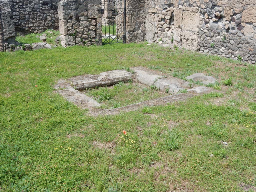 VII.16.12 Pompeii. June 2019. Room 24, remains of cistern-mouth on north side of impluvium.
Photo courtesy of Buzz Ferebee.
