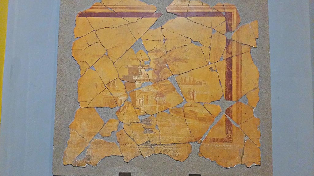 VII.16.22 Pompeii. 2019. Painting on display in Antiquarium.
Sacred painting from the west end of the south wall of the atrium in the zoccolo. Photo courtesy of Giuseppe Ciaramella.
