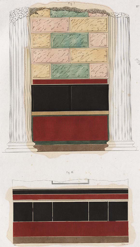 VIII.1.1 Pompeii. Coloured wall stucco by Mazois, described as –
“The compartments lightly indicated in relief, were painted in different coloured marbles, mainly of yellow, green and red marbles. The foundations of the walls were black and red.” 
See Mazois, F., 1829. Les Ruines de Pompei : Troisième Partie. Paris : Didot Frères, pl. XXI and p.41.
