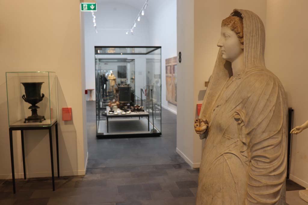 VIII.1.4 Pompeii. February 2021. Looking across Antiquarium, from statue of Livia. Photo courtesy of Fabien Bivre-Perrin (CC BY-NC-SA).
On the left is the bronze krater found in the triclinium at IX.13.1-3. 

