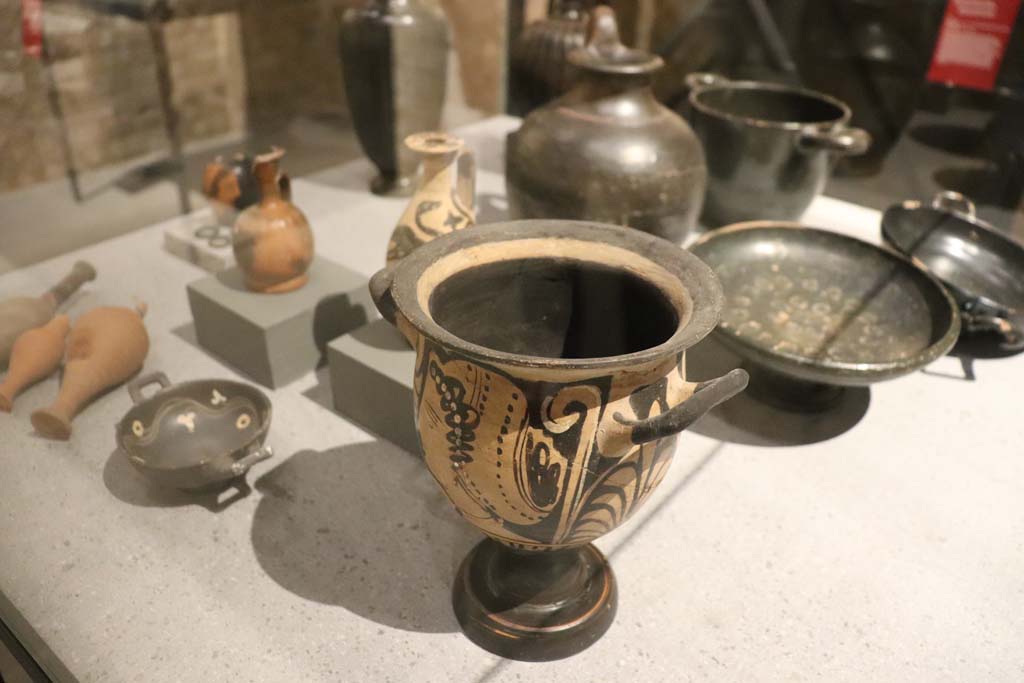 VIII.1.4 Pompeii Antiquarium. February 2021. 
Grave goods with black painted red-figured vases, ointment jars and rings, from Herculaneum Gate necropolis
Photo courtesy of Fabien Bivre-Perrin (CC BY-NC-SA).
