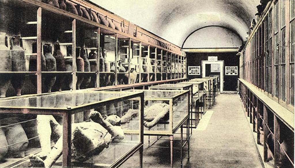 VIII.1.4 Pompeii Antiquarium. Old postcard showing interior. On the shelves to the left are numerous large clay amphorae. Photo courtesy of Rick Bauer.
