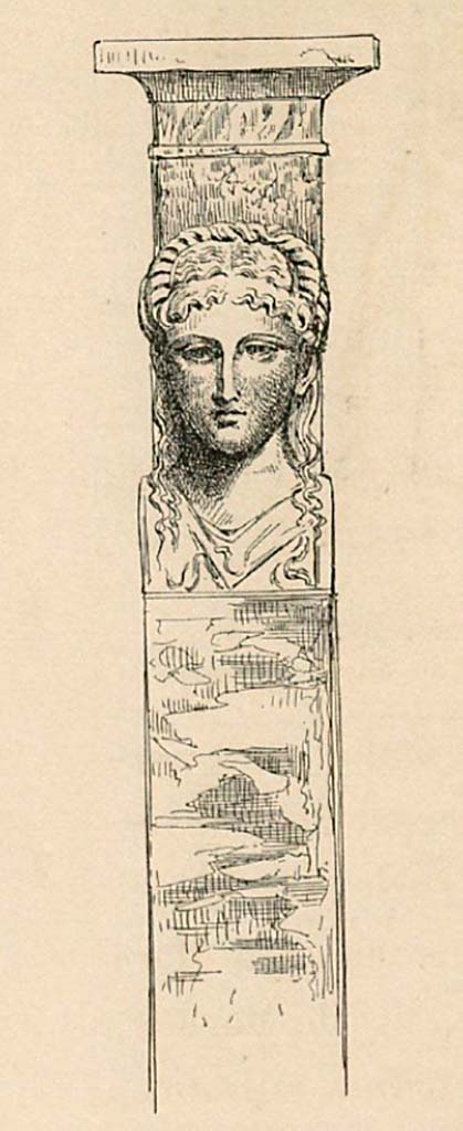 VIII.1.4, Antiquarium, Pompeii. 1899. Drawing by Pierre Gusman of single marble table leg, (Monopodium) from Pompeii Museum.
See Gusman P., 1899. Pompei : La Ville, Les Murs, Les Arts. Paris : Socit franaise d'ditions d'art, (p.440)
