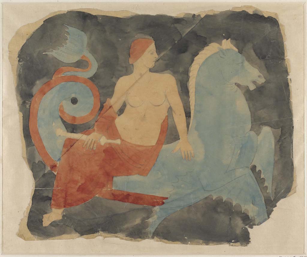 VIII.1.4, Antiquarium, Pompeii. c.1879? Watercolour by Sydney Vacher, of a Nereid sitting on the back of a seahorse
Photo © Victoria and Albert Museum, inventory number E.4440-1910.
