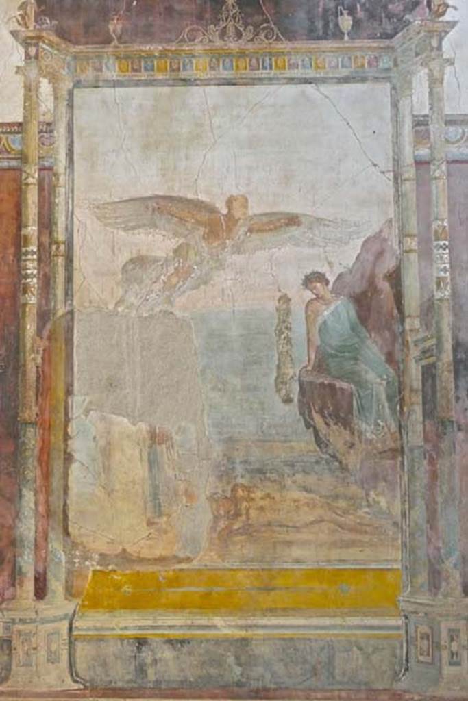 VIII.1.a, Pompeii. June 2017. Central wall painting from south wall of oecus A.
Photo courtesy of Michael Binns.
