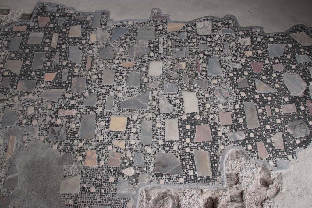 VIII.2.1 Pompeii. October 2020. Black and white mosaic in atrium, inserted with polychrome marble. Photo courtesy of Klaus Heese.