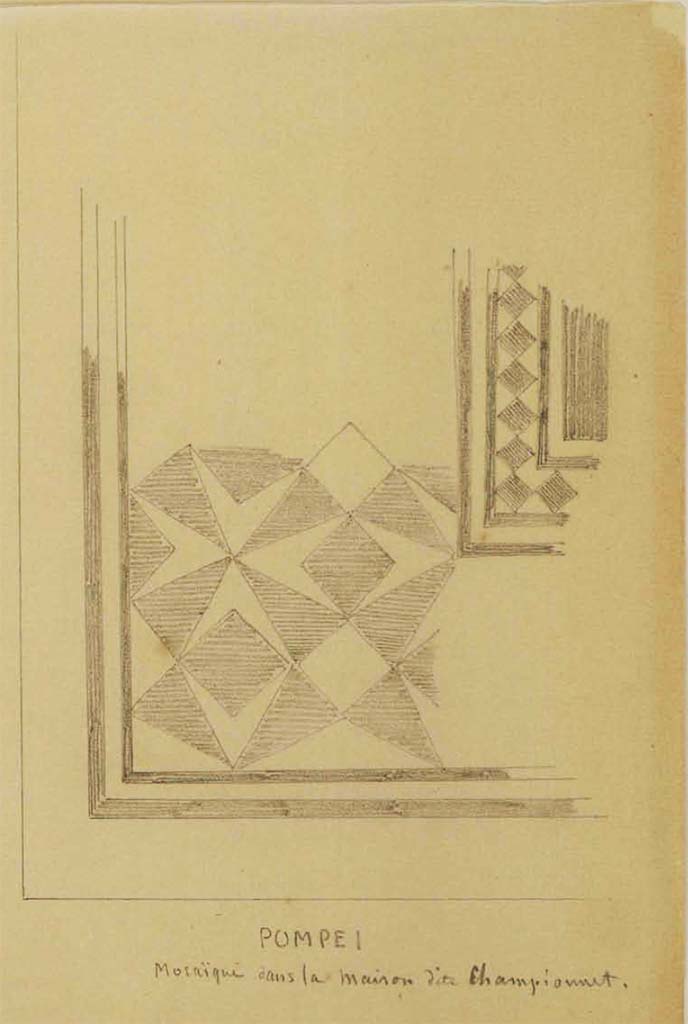 VIII.2.1 Pompeii. Drawing by J.B.C. Lesueur, showing floor mosaic and part of border around central emblema.
According to Lesueur, this is a mosaic from the House called Championnet.
According to PPM, this is a floor mosaic from the room on the west side of entrance corridor.
See Lesueur, Jean-Baptiste Ciceron. Voyage en Italie de Jean-Baptiste Ciceron Lesueur (1794-1883), pl. 42.
See Book on INHA reference INHA NUM PC 15469 (04)  « Licence Ouverte / Open Licence » Etalab
