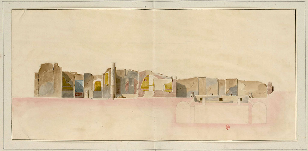 8.2.1 Pompeii. 1826. 
Watercolour sketch by P.A. Poirot, showing east side, starting on left, at entrance corridor, and finishing, on right, at peristyle and lower rooms.
See Poirot, P. A., 1826. Carnets de dessins de Pierre-Achille Poirot. Tome 2 : Pompeia, pl. 38.
See Book on INHA  Document placé sous « Licence Ouverte / Open Licence » Etalab 
