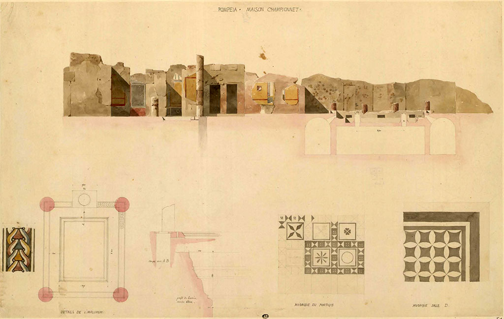 VIII.2.1 Pompeii. Between 1823 and 1828, drawing by F. Duban showing (above) the east side of the atrium, on left, and east portico with lower rooms, on right.
On the line below are –
on the left is the surround of the impluvium, detail of the impluvium, detail of part of mosaic in portico, and flooring in room D (the triclinium in north-east corner). 
See Duban F. Album de dessins d'architecture effectués par Félix Duban pendant son pensionnat à la Villa Medicis, entre 1823 et 1828: Tome 2, Pompéi, pl. 51.
INHA Identifiant numérique NUM PC 40425 (2)
https://bibliotheque-numerique.inha.fr/idurl/1/7157  « Licence Ouverte / Open Licence » Etalab
