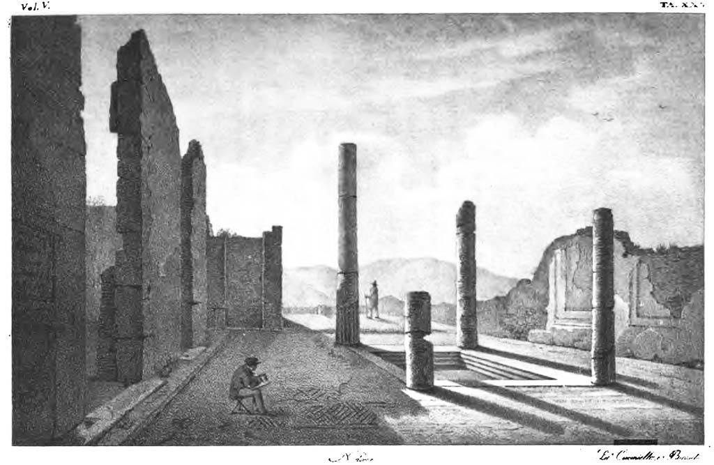 VIII.2.1 Pompeii. Pre-1829. Sketch, looking south across atrium from north-east corner.
See Real Museo Borbonico, Vol. V, 1829, Tav. XXV.
