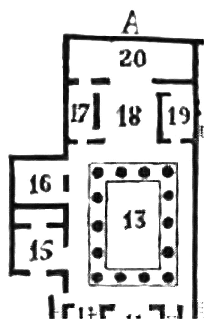 VIII.2.3 Pompeii. Rear (south) part of peristyle/garden area, numbered 13.
15 and 16 – both large bedrooms, separated by a small room/cabinet attached to the first.
17 and 19 – two rooms on either side of large room/oecus, numbered 18. 
20 - terrace
According to Breton – 
“These rear rooms would have been built over lower rooms, but even in 1855, they would have been nearly entirely destroyed.”
See Breton, Ernest. 1855. Pompeia, decrite et dessine : Seconde édition. Paris, Baudry. p.340-341 (part of plan on p.340).
