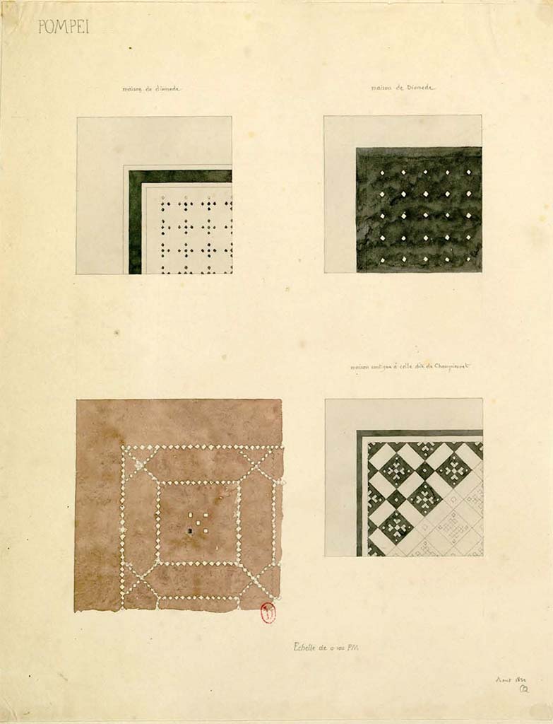 VIII.2.3 Pompeii. August 1832 watercolour sketches by C-A. Questel.
The one on the lower right is from the entrance corridor.
The wording above reads – Maison contiguë a celle dite de Championnet. 
The top two mosaics would appear to be from Villa of Diomedes, however according to PPM, the atrium flooring in this house also had a black background with regular rows of large white stones, and the edge consisting of a large white band.
See Charles-Auguste Questel (1807-1888) Voyage en Italie et Sicile. Août 1831 - novembre 1832, p. 43/120.
INHA identifiant numérique : NUM MS 512. Document placé sous « Licence Ouverte / Open Licence » Etalab 
