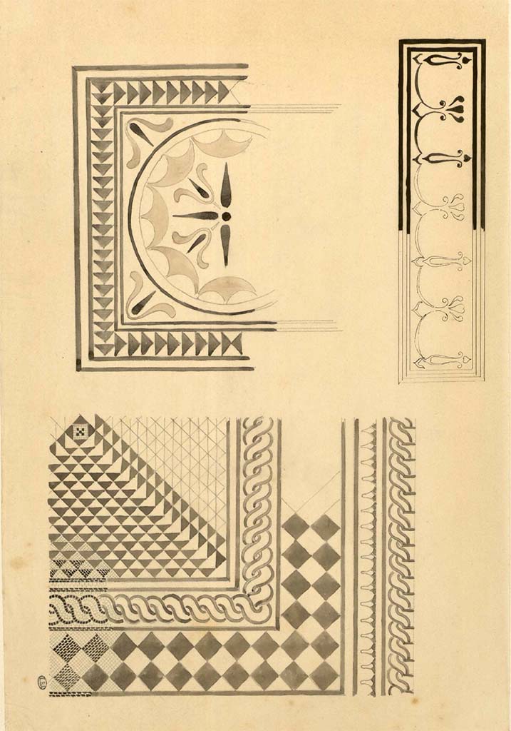 VIII.2.1-3 Pompeii. 
Drawings of details of mosaics, possibly from one of the rooms in the two linked houses of VIII.2.1 and VIII.2.3, by Jacques Hittorff.
See Hittorff, Jacques Ignace (1792-1867). Carnet de dessins (14), pl. 3.
See Book on INHA reference INHA NUM PC 43236  « Licence Ouverte / Open Licence » Etalab
