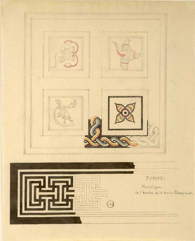 VIII.2.1 Pompeii. 
According to the writing, this is a drawing/watercolour of the mosaic flooring from the Exedra of the House of Championnet.
No location found yet. 
See Lesueur, Jean-Baptiste Ciceron. Voyage en Italie de Jean-Baptiste Ciceron Lesueur (1794-1883), pl. 41.
See Book on INHA reference INHA NUM PC 15469 (04)  « Licence Ouverte / Open Licence » Etalab
