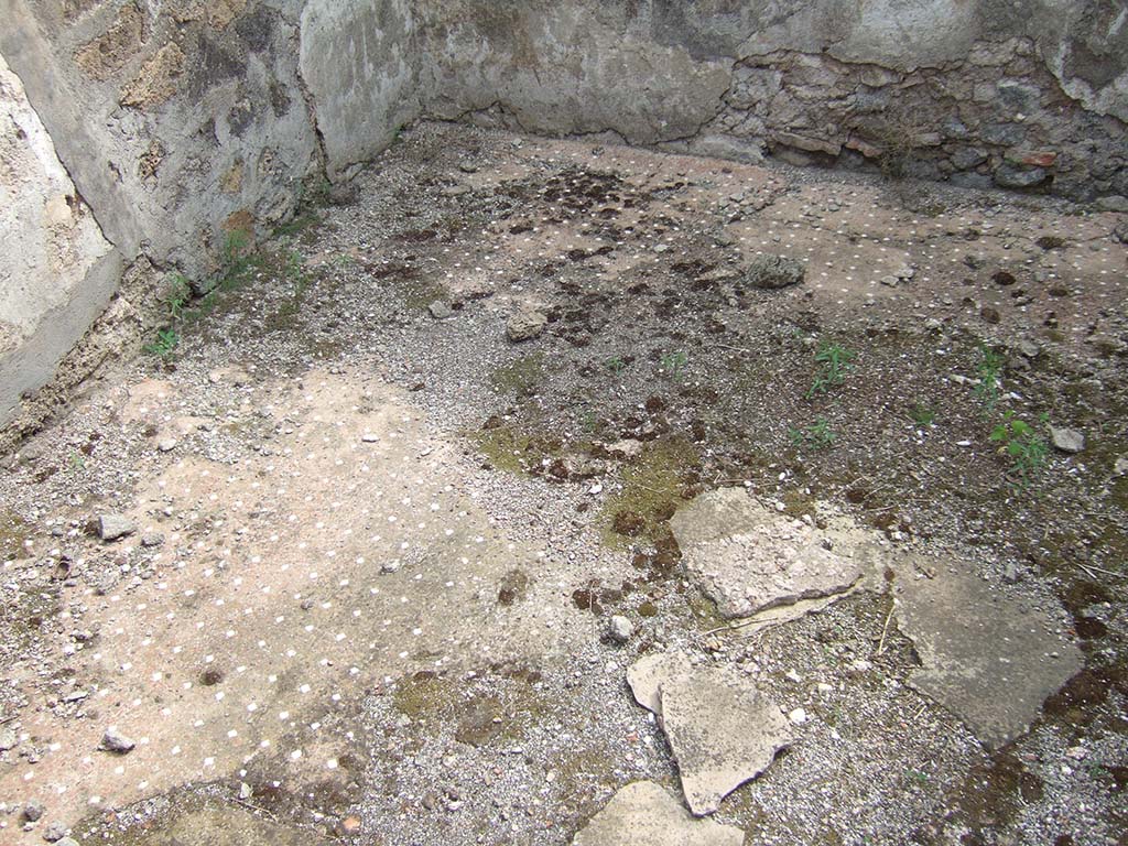 VIII.2.34 Pompeii. May 2006. Decorated floor in cubiculum ‘e’, of cocciopesto with regular lines of small white tesserae.  