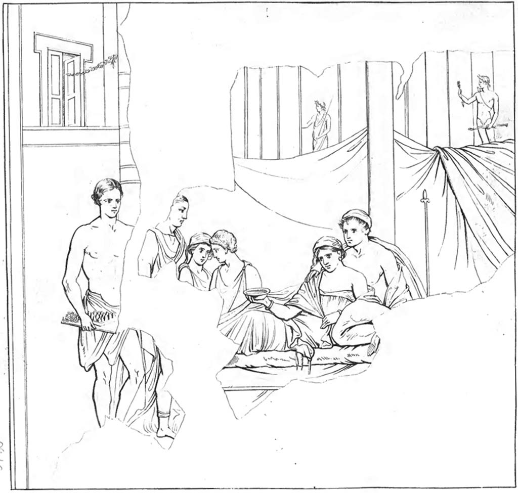 VIII.2.39 Pompeii. Pre-1843. Drawing of banqueting scene, previously identified as “Le Nozze di Sofonisba e Massinissa”. 
See Raccolta de più interessante Dipinture e di più belle Musaici rinvenuti negli Scavi di Ercolano, di Pompei, e di Stabia. 1843. Napoli.
According to Kuivalainen, in the left intercolumnium is a bearded robed male with a thyrsus in his left arm [Bacchus]. 
In the right intercolumnium there is a naked male raising his right hand with an arrow and holding a bow in his left [Apollo]. 
Both are wreathed and presented in ¾ profile. 
The statues of Bacchus and Apollo [Left and right in the background] refer to the Hellenistic multiculturalism in northern Africa, even to the honourable afterlife. 
Orphic text refer to Apollo as the resurrector of Dionysus.
See Kuivalainen, I., 2021. The Portrayal of Pompeian Bacchus. Commentationes Humanarum Litterarum 140. Helsinki: Finnish Society of Sciences and Letters, (p.87, A11, note 373).
