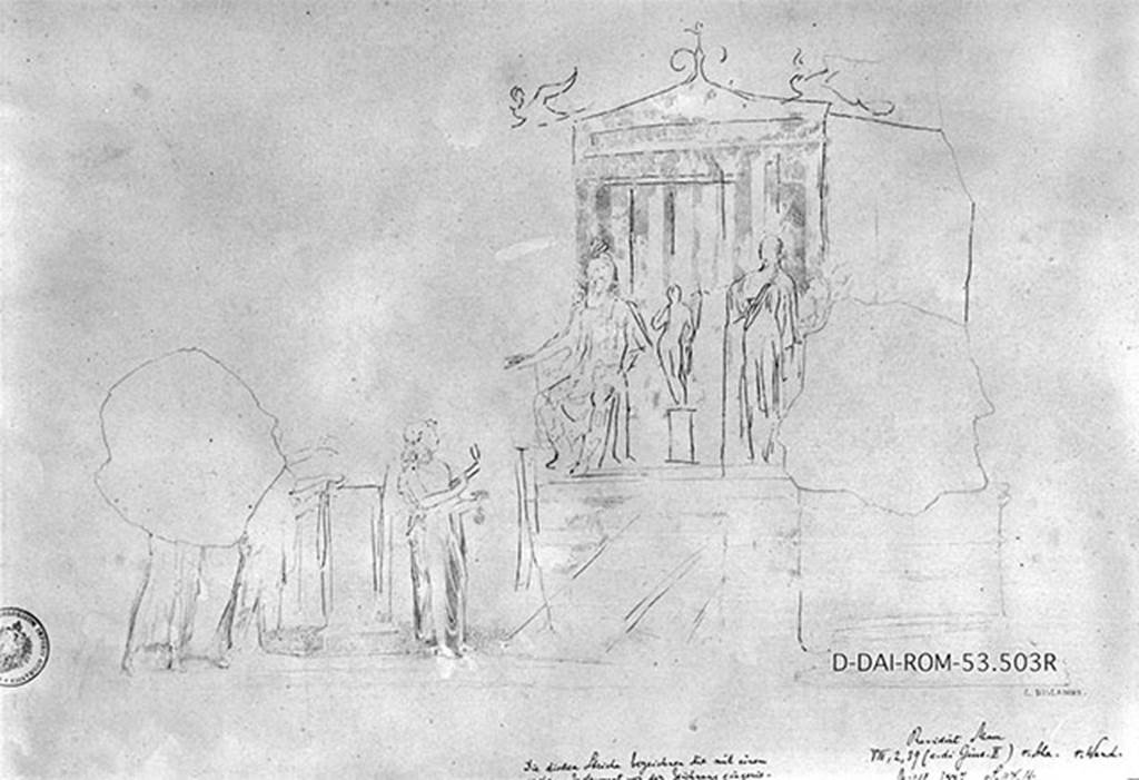 VIII.2.39 Pompeii. 19th century drawing by G. Discanno. Ala (h), north wall.
Scene of offering and sacrifice near a temple in front of which is a seated statue of Isis.
A statue of a youth on a high rectangular base and a statue of a female in draped dress are at her side. 
DAIR 53.503. Photo © Deutsches Archäologisches Institut, Abteilung Rom, Arkiv. 
See Carratelli, G. P., 1990-2003. Pompei: Pitture e Mosaici. Roma: Istituto della enciclopedia italiana, p. 323.
