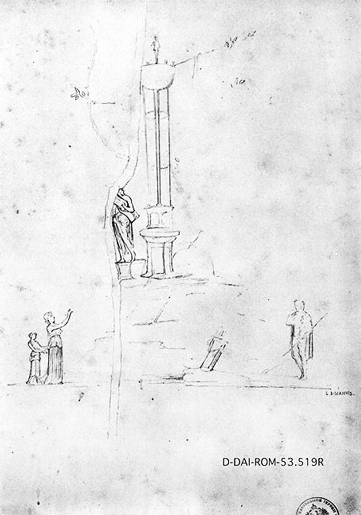 VIII.2.39 Pompeii. Room r, tablinum east wall. 19th century drawing by G Discanno.
A statue of Apollo with a lyre under his arm, the omphalos on which is a crow and in front of that the tripod placed on a rise. 
Nearby is a table with bandages: on the bottom there are plants and trees.
On the left are two women one in an act of adoration, the other holding a basket and on the right is an armed man.
DAIR 53.519. Photo © Deutsches Archäologisches Institut, Abteilung Rom, Arkiv. 
See Carratelli, G. P., 1990-2003. Pompei: Pitture e Mosaici: Vol. VIII. Roma: Istituto della enciclopedia italiana, p. 333. 
