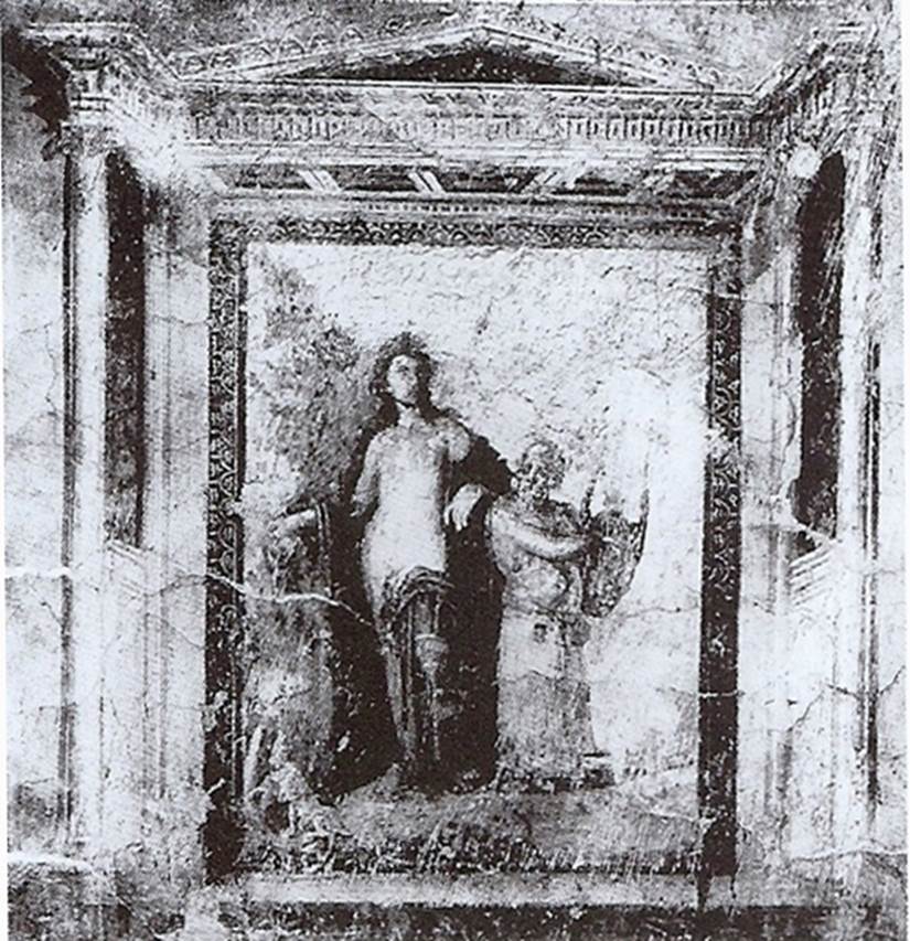 VIII.3.4 Pompeii. Old undated photo of painting of Bacchus with Silenus playing the lyre.
Now in Naples Archaeological Museum. Inventory number 9269.
