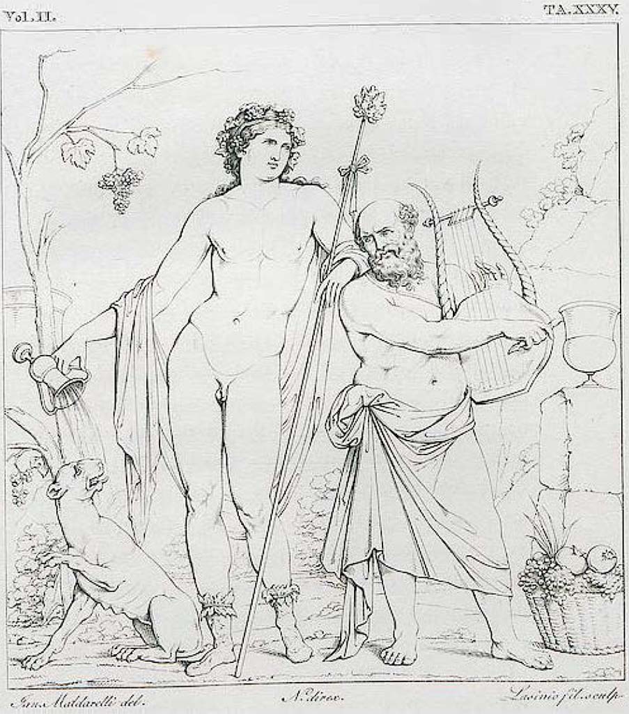 VIII.3.4 Pompeii. 1825. Drawing by Maldarelli of painting of Bacchus with Silenus playing the lyre.
See Real Museo Borbonico Vol. II, 1825, Tav. XXXV.
This drawing was reproduced by Roux in 1840 (and 1870).
See Roux, H., 1840. Herculanem et Pompei recueil général des Peintures, Bronzes, Mosaïques : Tome 3. Paris : Didot.  Pl. 112. 

