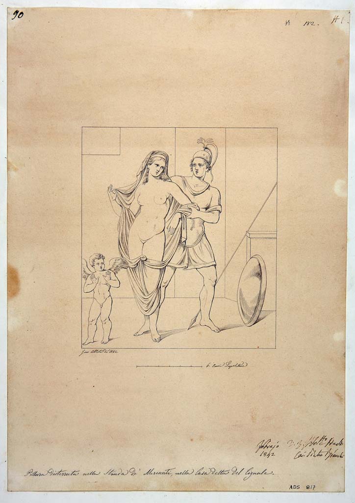 VIII.3.8 Pompeii. One of two nearly identical drawings by Giuseppe Abbate, 1842, of painting of Mars and Venus, from tablinum.
According to Helbig, by 1860 it was already badly preserved and hardly recognisable. (Helbig 326). 
Now in Naples Archaeological Museum. Inventory number ADS 817.
Photo © ICCD. http://www.catalogo.beniculturali.it
Utilizzabili alle condizioni della licenza Attribuzione - Non commerciale - Condividi allo stesso modo 2.5 Italia (CC BY-NC-SA 2.5 IT)
