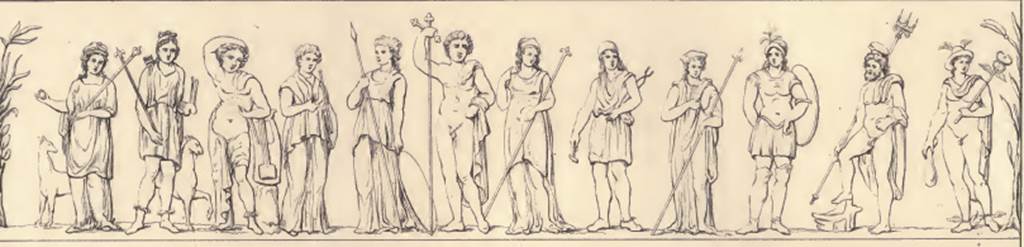 VIII.3.11 Pompeii. Painting of the 12 divinities, under the painting was a painting of two serpents (lares compitales). See Roux, H., 1840. Herculanem et Pompei recueil general des Peintures, Bronzes, Mosaiques : Tome 5. Paris: Didot.  (Planche 11).