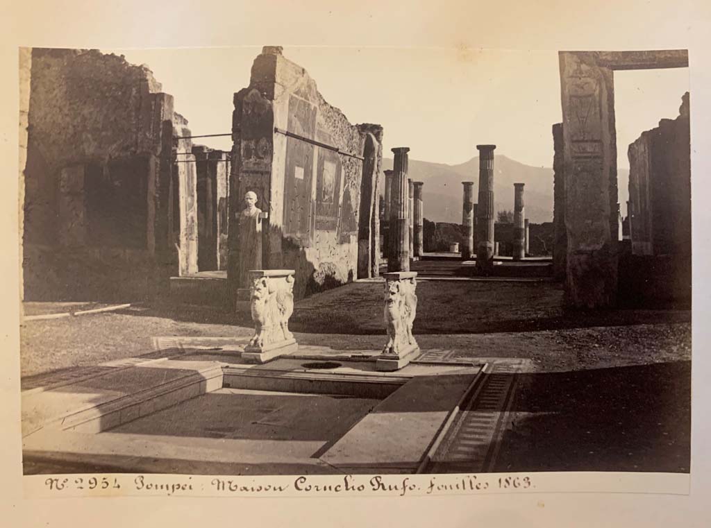 VIII.4.15 Pompeii. 
From an album of Michele Amodio dated 1874, entitled “Pompei, destroyed on 23 November 79, discovered in 1745”. 
Room 1, looking south across impluvium in atrium. Photo courtesy of Rick Bauer.
