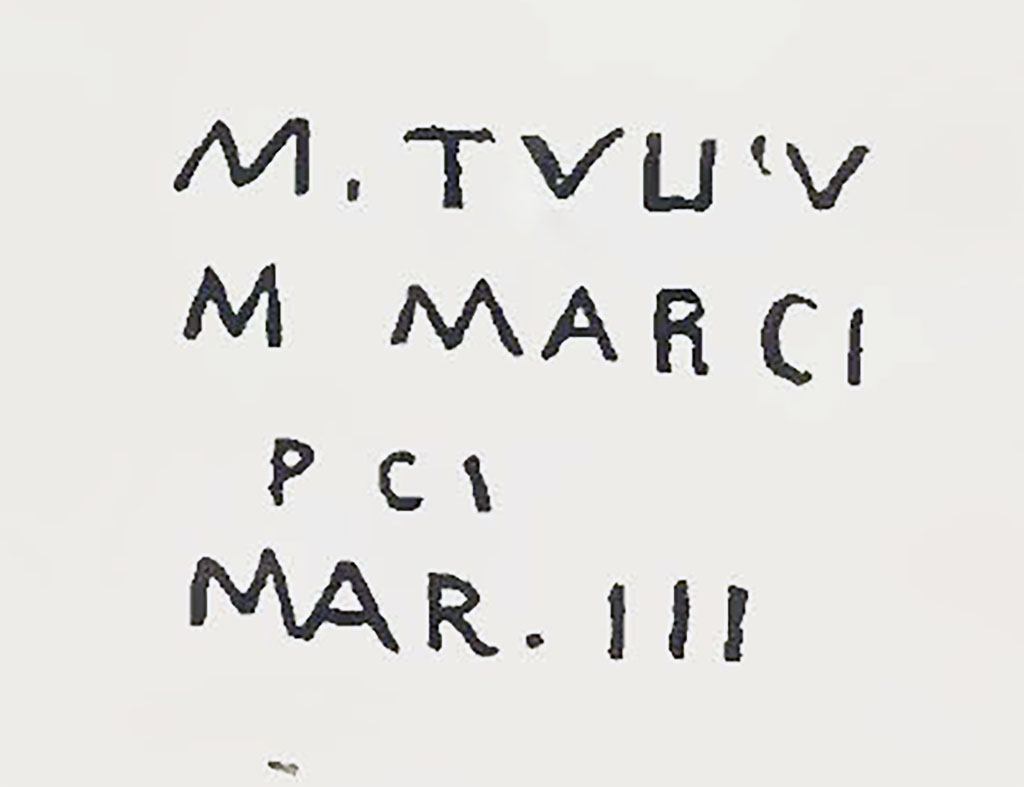 VIII.2.39 Pompeii. c.1832. Inscription in large red letters still faintly perceptible on the blocks of stone at the entrance.
See Gell, W, 1832. Pompeiana: Vol 2. London: Jennings and Chaplin, p.55.

CIL IV records

VIA DELLA FONTANA DELL'ABBONDANZA.

CIL IV 42 
inter n. 28 et 29, in muro aedium imp. Francisci II. In aedibus imp. Iosephi II. GELL male.
   
M · TVLIV = 0,26 m.

Descripsimus (MZ). Ed. Gell 1832 II p. 55.-    M·TVLLI·V Gell.


CIL IV 43 
infra praecedentem colore paulum diverso.
In aedibus imp. Iosephi II. GELL male.

   M · MARIV//
   COL…

Descripsimus (KZ). Ed. Gell 1832 II p. 55.
   M MARCI 
   PCI 
   MAR ·III Geli. - 2 ego vidi solus.
