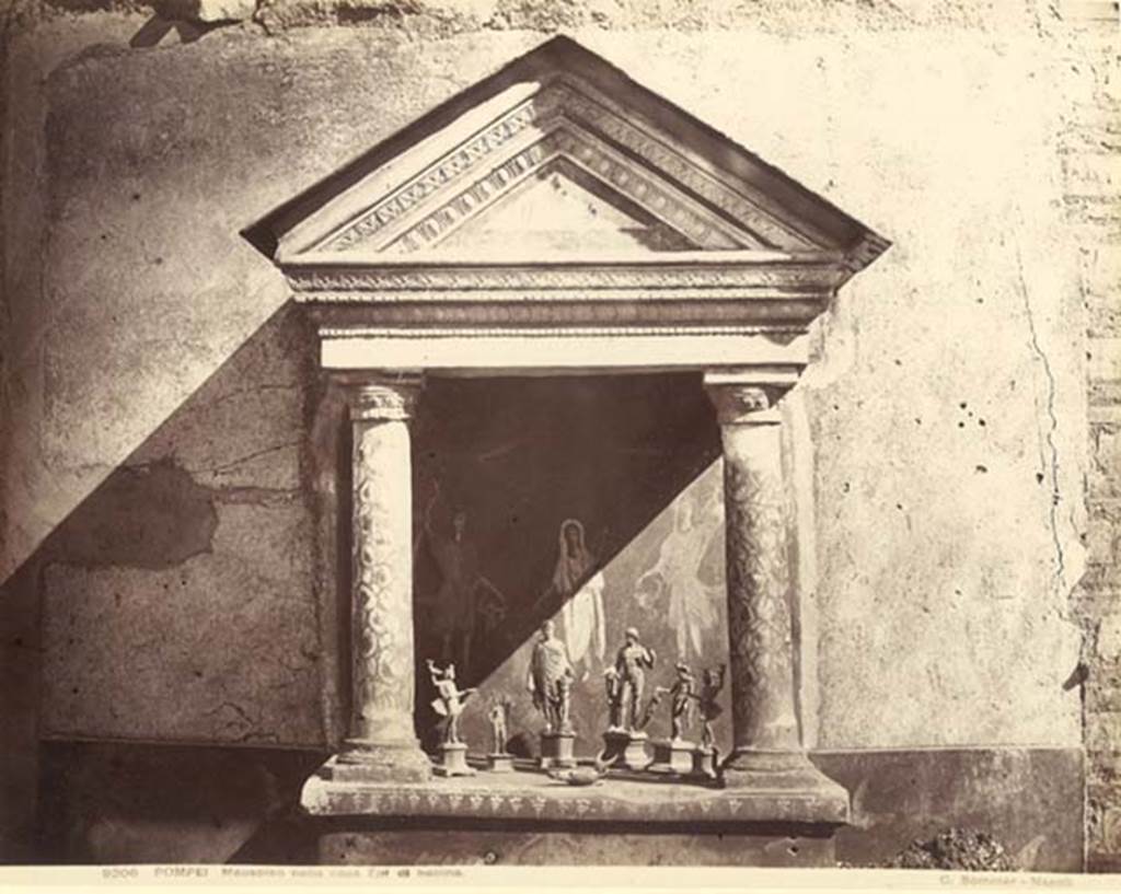 VIII.5.37 Pompeii. c. 1880-1890. G. Sommer no.  9206. Lararium showing Fortuna, the Lares, and statuettes.  Photo courtesy of Rick Bauer.
