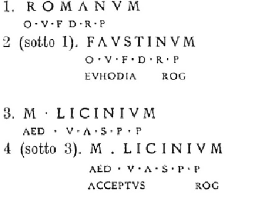 VIII.5.39 Pompeii. Inscriptions as recorded in 1884.
See BdI, 1884, p. 127.
According to Mau, these read as - 
On the right:

Romanum
o(ro)  v(os)  f(aciatis)  d(ignum)  r(ei)  p(ublicae)      [CIL IV 3594]

Faustinum 
o(ro)  v(os)  f(aciatis)  d(ignum)  r(ei)  p(ublicae) 
Euhodia  rog(at)       [CIL IV 3595]

On the left:

M(arcum)  Licinium
aed(ilem)  v(iis)  a(edibus)  s(acris)  p(ublicis)  p(rocurandis)       [CIL IV 3595]

M(arcum)  Licinium 
aed(ilem)  v(iis)  a(edibus)  s(acris)  p(ublicis)  p(rocurandis) 
Acceptus  rog(at)      [CIL IV 3594]

