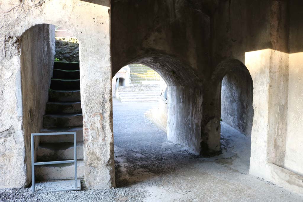 VIII.7.20 Pompeii. December 2018. 
Looking west to steps to the Tribunal and entrance to the Large Theatre. Photo courtesy of Aude Durand.
