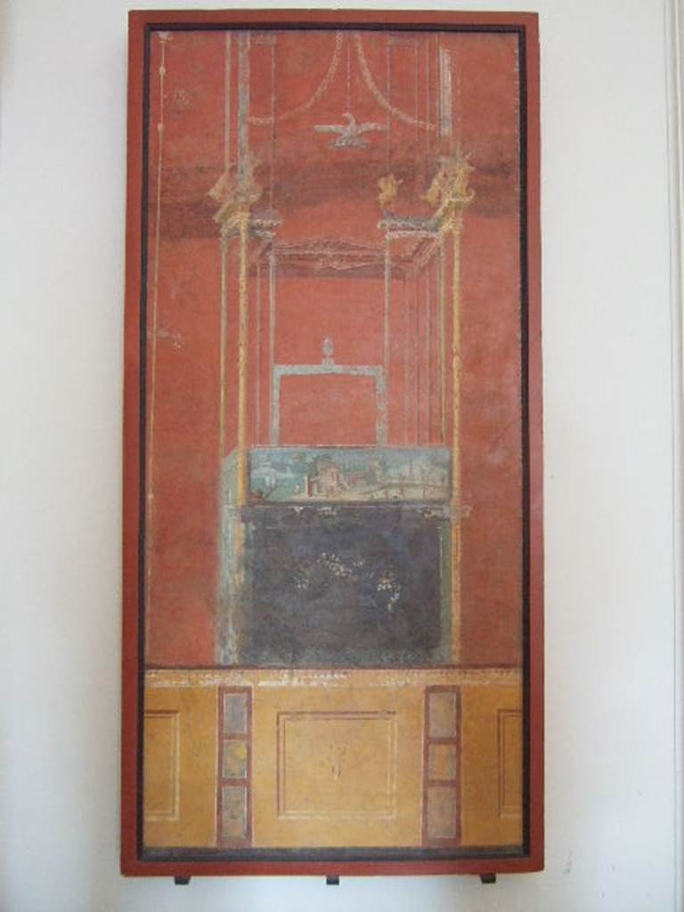 VIII.7.28 Pompeii.  Painted panel with architecture with a landscape scene.
Now in Naples Archaeological Museum.

