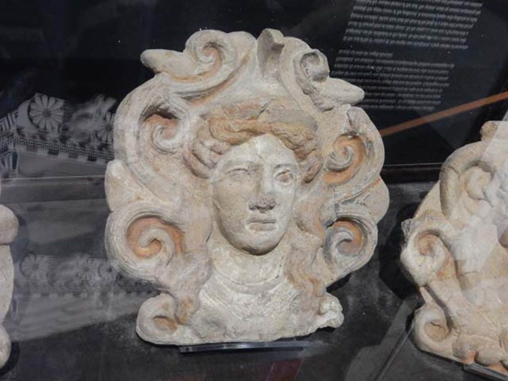 VIII.7.31 Pompeii, May 2018. Architectural antefix of the head of Minerva. Photo courtesy of Buzz Ferebee.