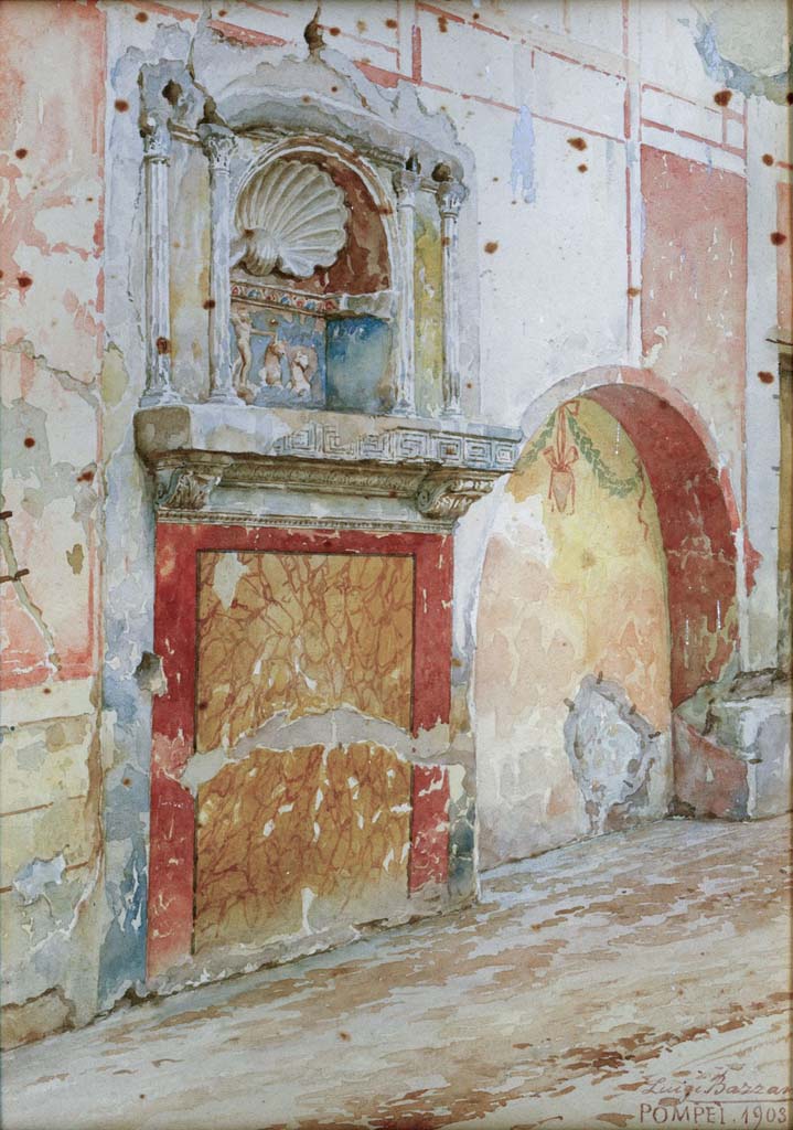 IX.1.7 Pompeii. 1903. Watercolour by Luigi Bazzani.
South wall of atrium, with detail of two of the three recesses.
Now in Naples Archaeological Museum. Inventory Number 139418.

