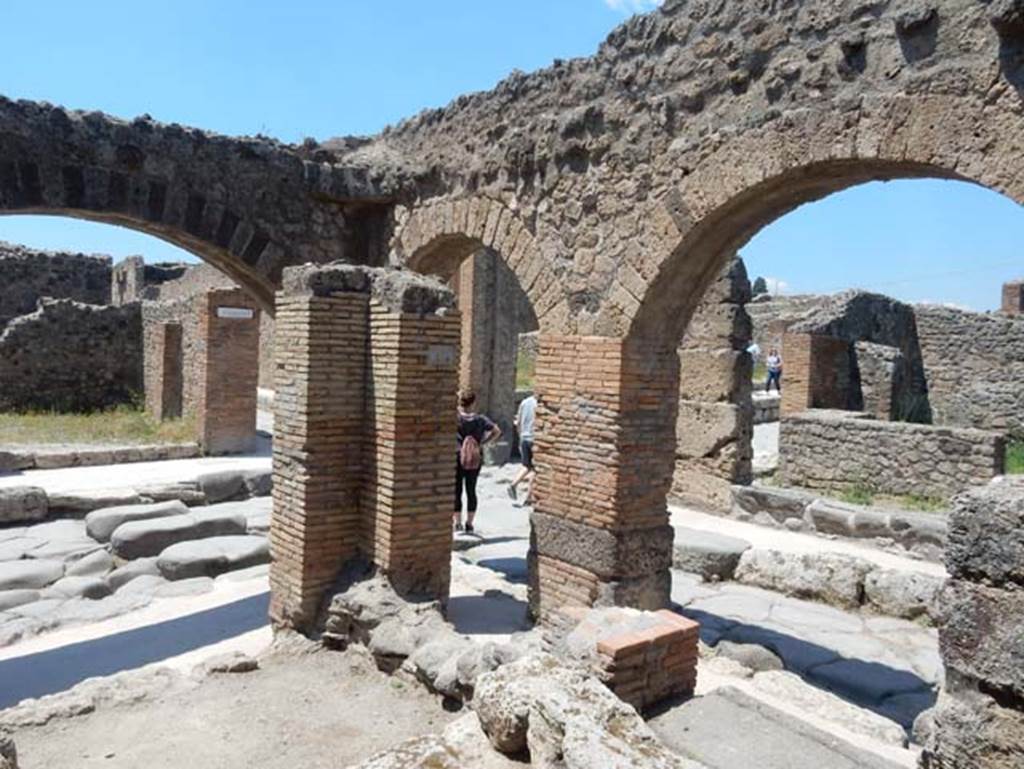 IX.2.1 Pompeii. May 2017. Looking north-west from interior towards Via Stabiana junction with unnamed vicolo. Photo courtesy of Buzz Ferebee.
