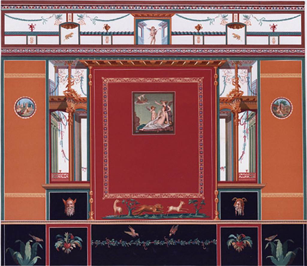 IX.2.5 Pompeii. 1886. Painting of north wall of triclinium. 
In the centre is the painting of Ariadne seated on the ground watching the ship of Theseus sailing away. 
Nemesis is at her shoulders and Cupid is turned towards her, holding his bow and wiping away his tears.
See D’Amelio P., 1886. Dipinti Murali di Pompei.  Naples: Richter. Pl. V.
According to PPM this is not completely faithful in some particulars.
See Pompei: Pitture e Mosaici, Vol. VIII, Roma: Istituto della enciclopedia italiana, p. 1055.
