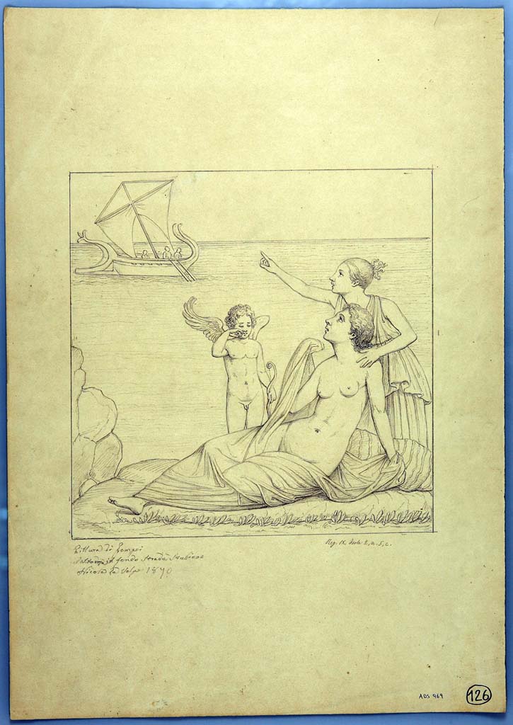 IX.2.5 Pompeii. Drawing by Nicola La Volpe, 1870, of painting from the centre of north wall of triclinium. 
Ariadne seated on the ground watching the ship of Theseus sailing away. 
Now in Naples Archaeological Museum. Inventory number ADS 969.
Photo © ICCD. http://www.catalogo.beniculturali.it
Utilizzabili alle condizioni della licenza Attribuzione - Non commerciale - Condividi allo stesso modo 2.5 Italia (CC BY-NC-SA 2.5 IT)
