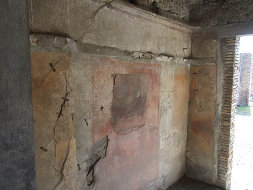IX.2.5 Pompeii. March 2009. South wall of triclinium and south-west corner. There would also have been a medallion in the panel on either side of the doorway.
