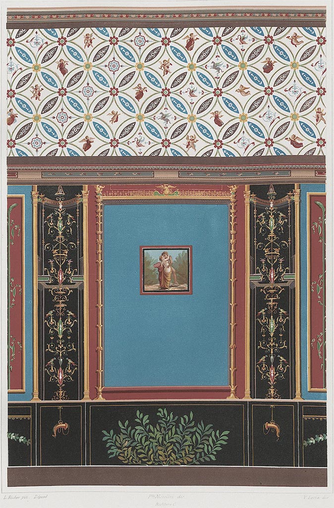 IX.2.10 Pompeii. 1886. Watercolour copy of south wall of cubiculum.
The blue panel in the centre has the painting of Polyphemus and Galatea.
See D’Amelio P., 1886. Dipinti Murali di Pompei. Naples: Richter. Tav. 1.
