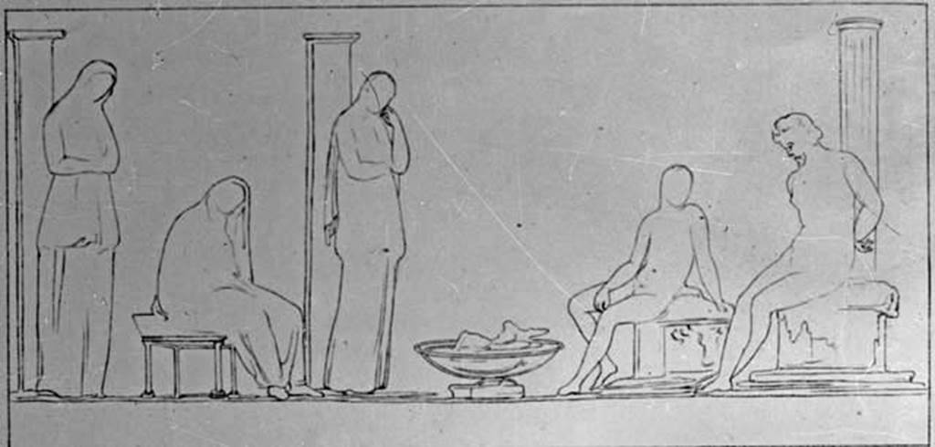 IX.2.16 Pompeii. W.362. Drawing of wall painting showing Orestes and Pylades, from the south wall. 
Photo by Tatiana Warscher. Photo © Deutsches Archäologisches Institut, Abteilung Rom, Arkiv. 
See http://arachne.uni-koeln.de/item/marbilderbestand/230735 
Three women and two men. The bearded man on the right, next to the column, has his hands tied behind his back. 
See Helbig, W., 1868. Wandgemälde der vom Vesuv verschütteten Städte Campaniens. Leipzig: Breitkopf und Härtel. (1401b item 1).
See Schefold, K., 1957. Die Wände Pompejis. Berlin: De Gruyter. (p. 242).
See Reinach S., 1922. Répertoire de peintures grecques et romaines. Paris Leroux. Taf. 170,5.

According to Bragantini, the west wall of the cubiculum had a discoloured dado which had faded.
The middle zone of the wall was red with a central painting of Atalanta and Meleager.
In the side panels, on the purple frieze, were two paintings, on the left “Paris and the hunters”, on the right, “Hunters and dog”
The upper zone was painted with architectural designs including cariatyds, sirens and dancers.
See Bragantini, de Vos, Badoni, 1986. Pitture e Pavimenti di Pompei, Parte 3. Rome: ICCD. (p.413-4, cubicolo ‘b’)
According to Sogliano, the painting of Meleager had faded and vanished.
See Sogliano, A., 1879. Le pitture murali campane scoverte negli anni 1867-79. Napoli: Giannini. (p.89, no.509)

