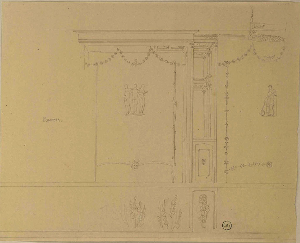 IX.2.16 Pompeii. Sketch of south wall of tablinum by Jean-Baptiste Ciceron Lesueur (1794-1883), with the central painting of the Three Graces.
See Lesueur, Jean-Baptiste Ciceron. Voyage en Italie de Jean-Baptiste Ciceron Lesueur (1794-1883), p. 86/133.
See Book on INHA reference INHA NUM PC 15469 (04)  « Licence Ouverte / Open Licence » Etalab
