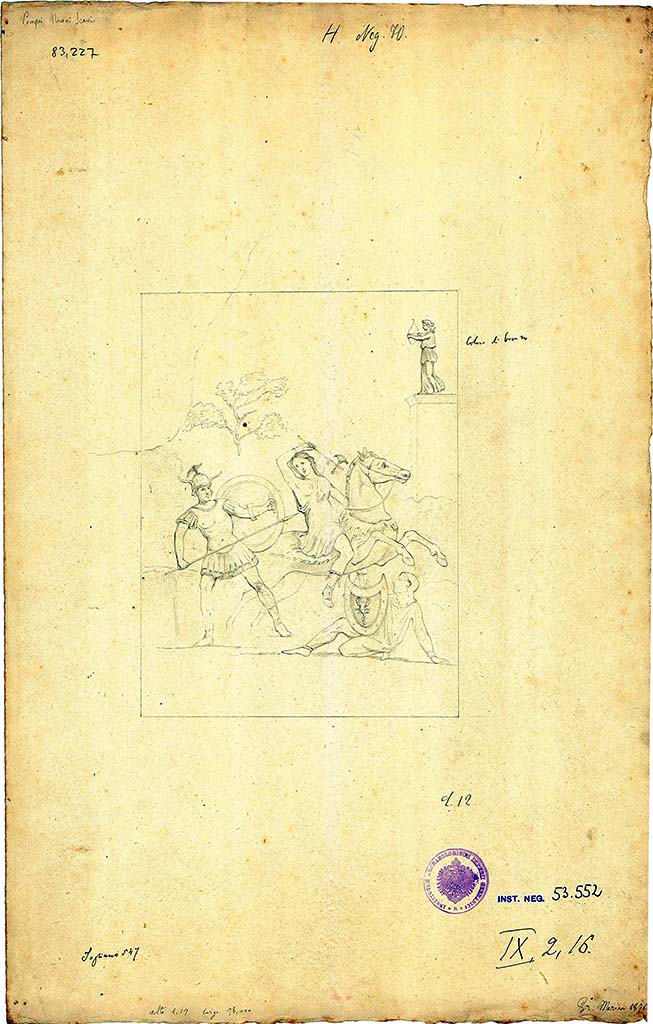 IX.2.16 Pompeii. Drawing by Nicola La Volpe, of two paintings – the flying cupid with plate and jug may have been seen on an atrium wall.
See Sogliano, A., 1879. Le pitture murali campane scoverte negli anni 1867-79. Napoli: Giannini. (p.60, no.331).
The other drawing is of a fragment of a figure with long dress and sandals and carrying a stick, but from which room/wall is unknown.
Now in Naples Archaeological Museum. Inventory number ADS 993.
Photo © ICCD. http://www.catalogo.beniculturali.it
Utilizzabili alle condizioni della licenza Attribuzione - Non commerciale - Condividi allo stesso modo 2.5 Italia (CC BY-NC-SA 2.5 IT)
