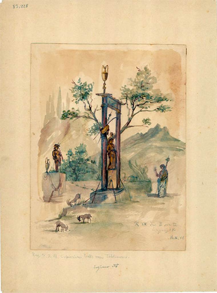IX.2.18 Pompeii. 1888 watercolour. Room 4, north wall of cubiculum.
Sacred landscape with bronze statue of Dionysus under the sacred portal.
A bacchante approaches a sphynx.
Behind the statue of Dionysus is a statue of Pan.
Three goats graze nearby.
See Sogliano, A., 1879. Le pitture murali campane scoverte negli anni 1867-79. Napoli: Giannini. (p.52, no: 245)
DAIR 83.228. Photo © Deutsches Archäologisches Institut, Abteilung Rom, Arkiv.
According to Kuivalainen, 
Bacchus is often represented in sacro-idyllic landscapes among other statues, in this case a Pan made of bronze and a sphinx of marble. The sphinx may allude to Thebes as the domicile of Semele. I rely on the excavator’s report of Bacchus having a beard, though it is no longer clearly visible in drawings. I would see a bearded Bacchus in the drawing by G. Discanno, but e.g. Sampaolo has made no comments of it. The drawing is from the year 1870, so made right after the excavation unlike the later watercolour. The approaching female is either a Maenad or a worshipper. The shrine, a simple structure, protects the statue. A remarkable feature is the asymmetrical position of the ritual requisite.
See Kuivalainen, I., 2021. The Portrayal of Pompeian Bacchus. Commentationes Humanarum Litterarum 140. Helsinki: Finnish Society of Sciences and Letters, (p.84-5, A8).

