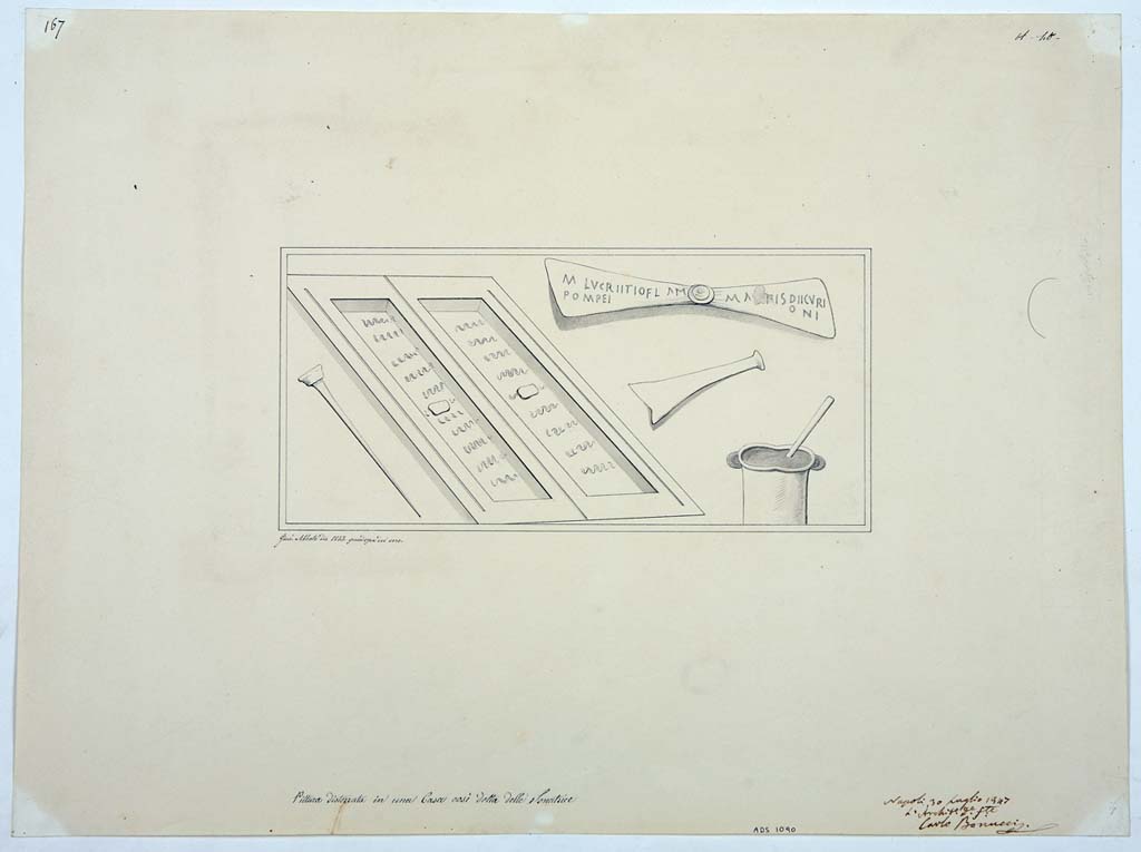 IX.3.5 Pompeii. Room 19, drawing by Giuseppe Abbate, 1847, of wall painting of writing implements and a letter.
Now in Naples Archaeological Museum. Inventory number ADS 1090. 
Photo © ICCD. http://www.catalogo.beniculturali.it
Utilizzabili alle condizioni della licenza Attribuzione - Non commerciale - Condividi allo stesso modo 2.5 Italia (CC BY-NC-SA 2.5 IT)
