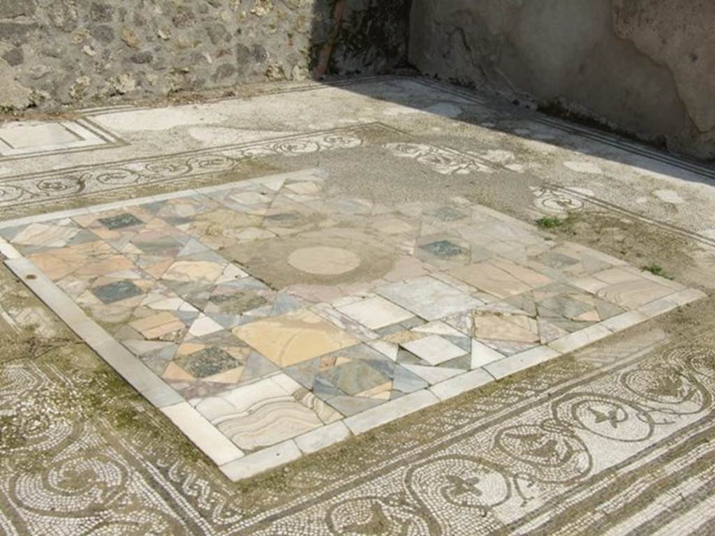 IX.3.5 Pompeii. March 2009. Room 12, coloured marble emblema in centre of mosaic floor in tablinum.  