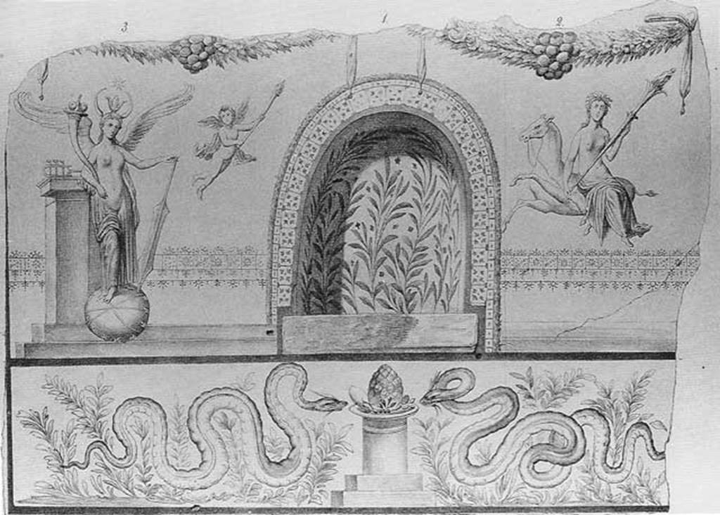 IX.3.12 Pompeii. 1872 drawing of lararium painting and niche on south wall. The niche had green and brown leaves and red flowers. On the white plaster surrounding the niche, there were paintings. On the right, Luna was sitting on a horse. On the left, Isis-Fortuna with large green wings and a crescent moon with a lotus flower in the middle of her head.
To the side of Isis-Fortuna was a cupid holding a lighted torch in both hands. Below the niche, were two large bearded and crested serpents in front of an altar with egg and pine-cone on top. See Boyce G. K., 1937. Corpus of the Lararia of Pompeii. Rome: MAAR 14. (p.83 and Pl.26,1). See Fröhlich, T., 1991. Lararien und Fassadenbilder in den Vesuvstädten. Mainz: von Zabern. (L102, p. 295, Taf. 45.1). See Pappalardo, U., 2001. La Descrizione di Pompei per Giuseppe Fiorelli (1875). Napoli: Massa Editore. (p. 146). See Annali dell’Instituto di Corrispondenza Archeologica (DAIR), Vol. 44, 1872, p. 35ff, Tav C.